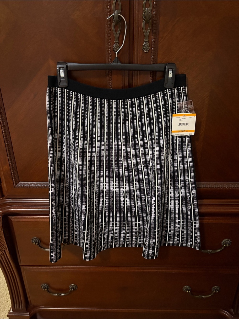 Anne Klein Black and White Vertical Stripe Pleated Skater Skirt